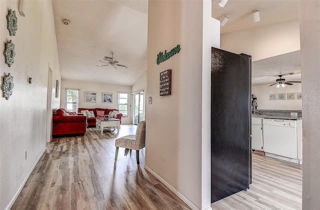 8913 Welsh Way, Hudson, FL 34667 - hall featuring light wood-style floors, a textured ceiling, baseboards, and lofted ceiling