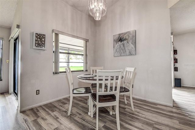 8913 Welsh Way, Hudson, FL 34667 - dining area with wood finished floors, a textured ceiling, a chandelier, and baseboards