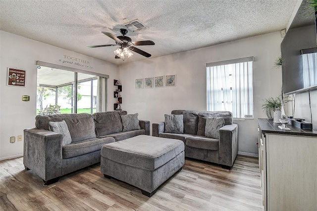 8913 Welsh Way, Hudson, FL 34667 - living room with ceiling fan, light wood-style floors, a textured ceiling, and baseboards