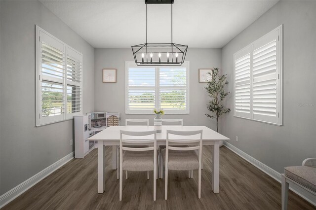 923 Whimbrel Run, Bradenton, FL 34212 - dining area with a chandelier, baseboards, dark wood finished floors, and healthy amount of natural light