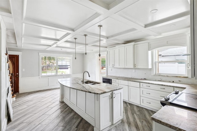 1810 Maryland Ave NE, Saint Petersburg, FL 33703 - kitchen featuring a sink, light wood-style flooring, white cabinets, beam ceiling, and light stone countertops