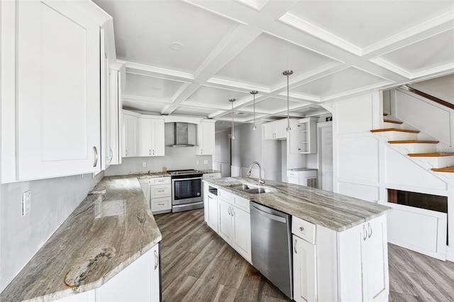 1810 Maryland Ave NE, Saint Petersburg, FL 33703 - kitchen featuring stainless steel appliances, a sink, wall chimney exhaust hood, wood finished floors, and coffered ceiling