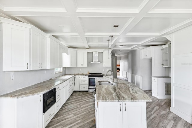 1810 Maryland Ave NE, Saint Petersburg, FL 33703 - kitchen with stainless steel electric stove, a sink, coffered ceiling, wall chimney range hood, and light wood-type flooring