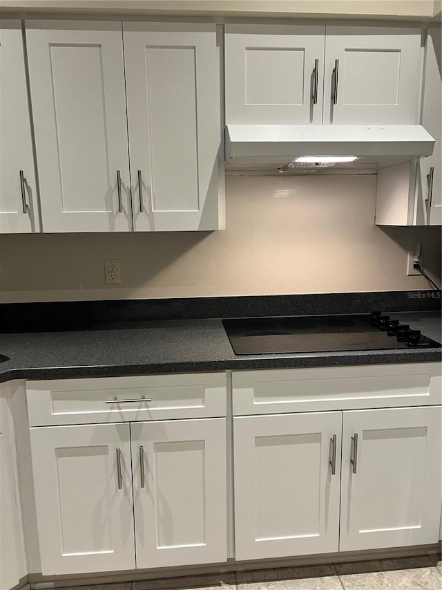 9220 Dayflower Dr, Tampa, FL 33647 - kitchen featuring under cabinet range hood, black electric cooktop, dark countertops, and white cabinetry