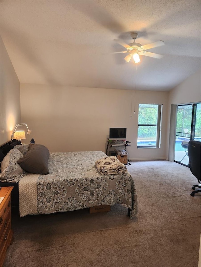 9220 Dayflower Dr, Tampa, FL 33647 - bedroom with dark colored carpet, access to exterior, lofted ceiling, and a ceiling fan