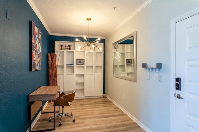 4221 W Spruce St Unit 1303, Tampa, FL 33607 - home office featuring crown molding, a chandelier, light wood-type flooring, and baseboards