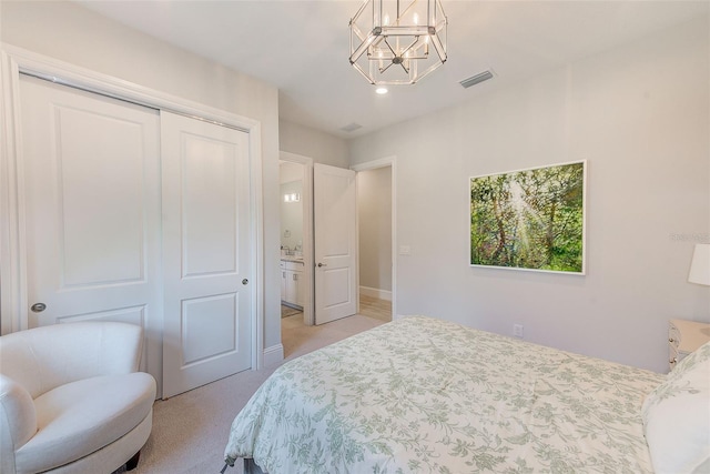 16707 Verona Pl, Bradenton, FL 34202 - bedroom featuring a chandelier, a closet, light colored carpet, and recessed lighting