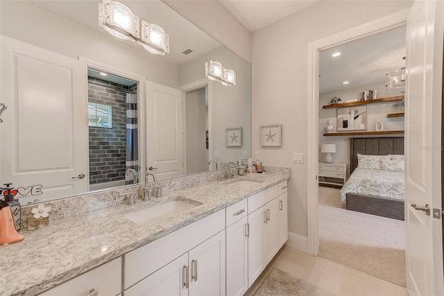 16707 Verona Pl, Bradenton, FL 34202 - bathroom featuring double vanity, tile patterned floors, recessed lighting, ensuite bathroom, and a shower with curtain