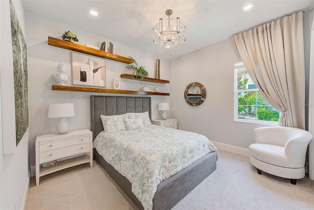 16707 Verona Pl, Bradenton, FL 34202 - bedroom featuring light carpet, a chandelier, and recessed lighting