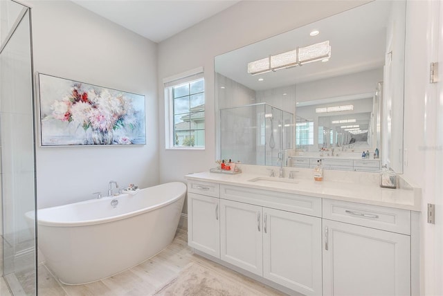 16707 Verona Pl, Bradenton, FL 34202 - bathroom featuring vanity, a stall shower, a soaking tub, and recessed lighting