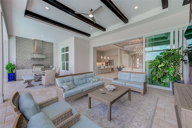 16707 Verona Pl, Bradenton, FL 34202 - living area featuring a chandelier, beamed ceiling, and recessed lighting