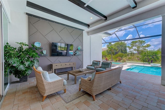 16707 Verona Pl, Bradenton, FL 34202 - view of patio featuring a jacuzzi, an outdoor pool, an outdoor living space, and a lanai