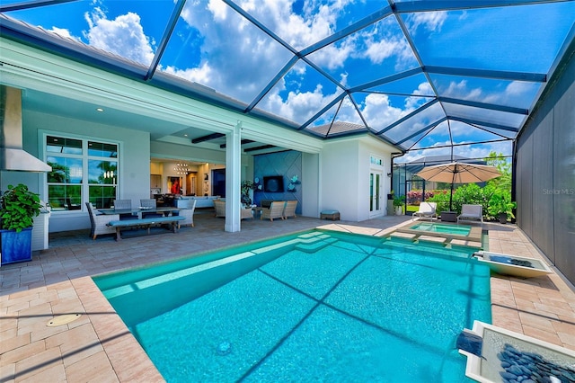 16707 Verona Pl, Bradenton, FL 34202 - view of pool with a patio, an outdoor hangout area, a pool with connected hot tub, and glass enclosure