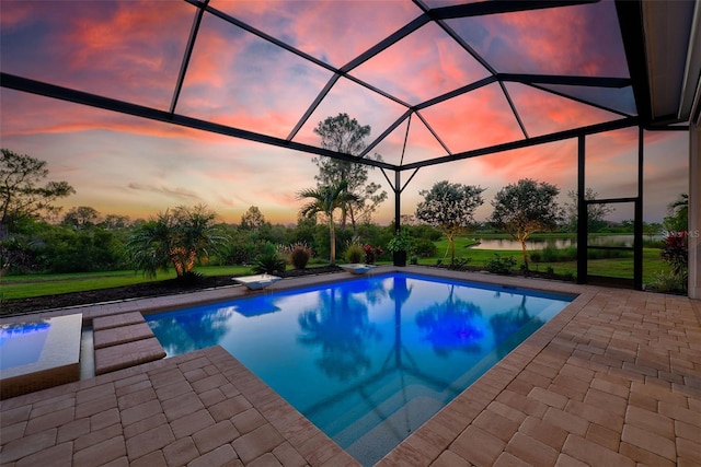 16707 Verona Pl, Bradenton, FL 34202 - outdoor pool with a patio, a diving board, and glass enclosure