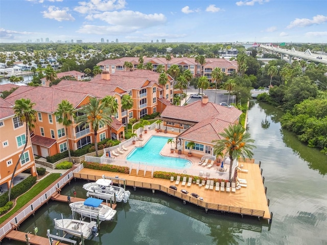 bird's eye view of a large body of water and a pool