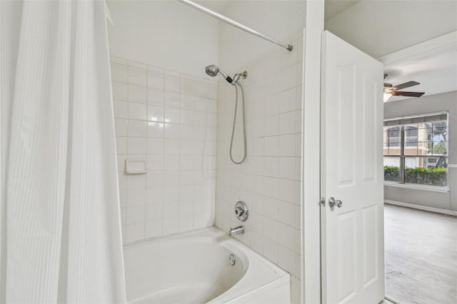 full bath featuring shower / bath combo with shower curtain and a ceiling fan