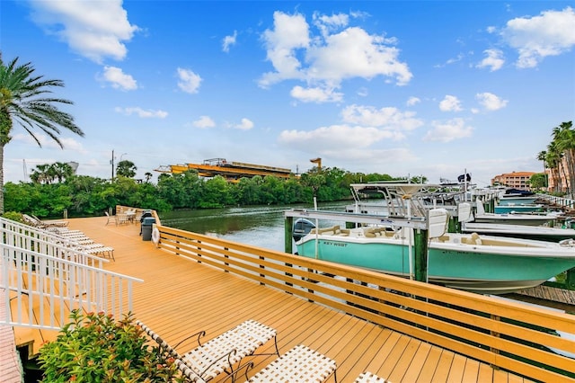 dock area featuring boat lift and a water view