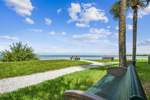 view of community featuring a water view and a lawn
