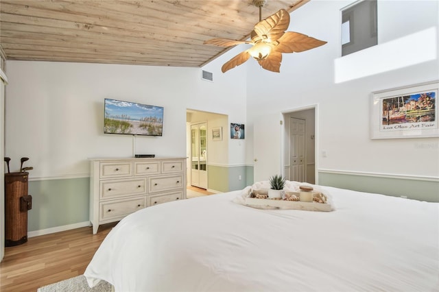 531 Sandy Hook Rd, Treasure Island, FL 33706 - bedroom with wood ceiling, light wood-style flooring, baseboards, ensuite bathroom, and ceiling fan