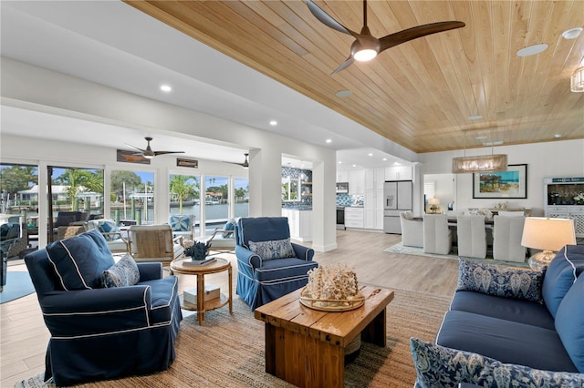 243 Hermosita Dr, St Pete Beach, FL 33706 - living area featuring wood ceiling, a ceiling fan, light wood-type flooring, and recessed lighting