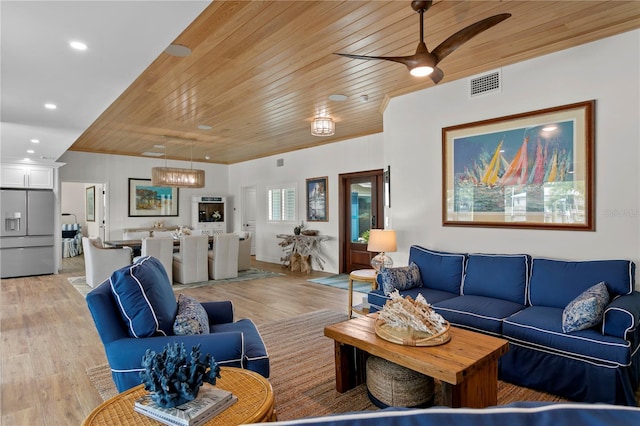 243 Hermosita Dr, St Pete Beach, FL 33706 - living room featuring wooden ceiling, light wood finished floors, recessed lighting, ornamental molding, and a ceiling fan
