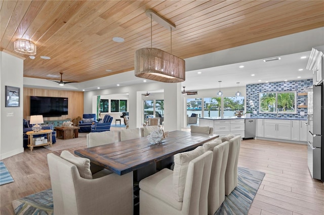 243 Hermosita Dr, St Pete Beach, FL 33706 - dining room featuring wooden ceiling, a ceiling fan, light wood-style floors, and recessed lighting