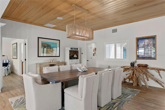 243 Hermosita Dr, St Pete Beach, FL 33706 - dining area with wood ceiling, light wood-style flooring, baseboards, and crown molding