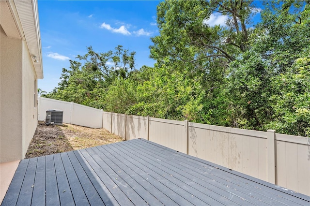 wooden deck featuring central air condition unit and a fenced backyard