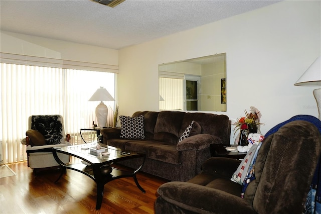 living room featuring wood finished floors and a textured ceiling