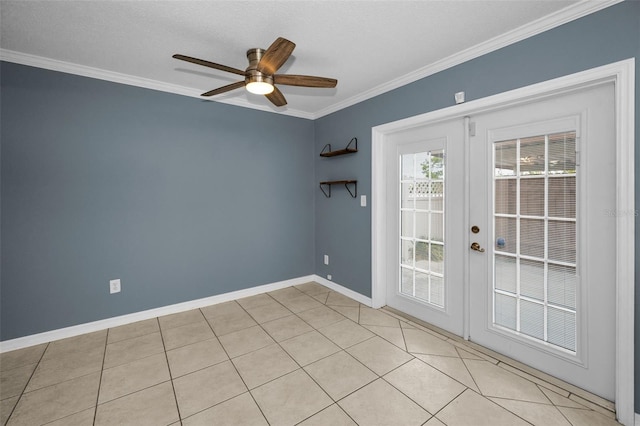 1864 Clearbrooke Dr, Clearwater, FL 33760 - spare room featuring french doors, crown molding, a ceiling fan, light tile patterned flooring, and baseboards