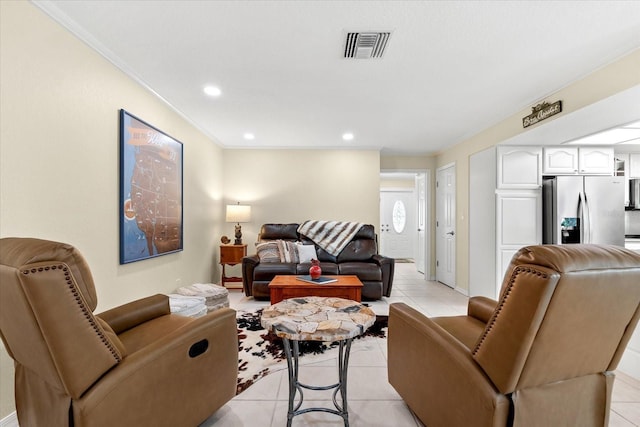 535 Sandy Hook, Palm Harbor, FL 34683 - living room featuring light tile patterned floors, recessed lighting, and ornamental molding