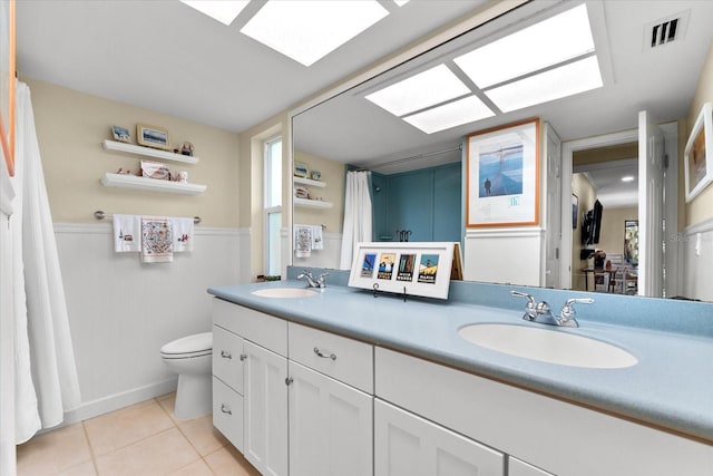 535 Sandy Hook, Palm Harbor, FL 34683 - bathroom with double vanity, tile patterned floors, toilet, and wainscoting