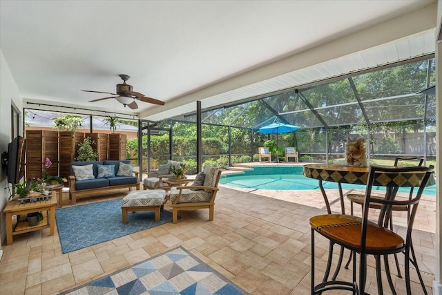 535 Sandy Hook, Palm Harbor, FL 34683 - outdoor pool with a patio area, an outdoor living space, ceiling fan, and a lanai