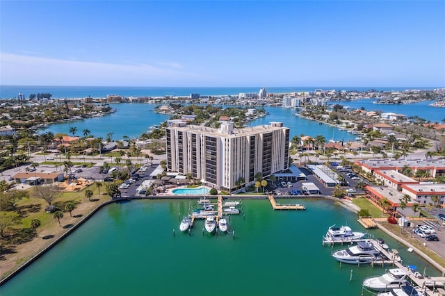 aerial view of a large body of water and numerous boat docks