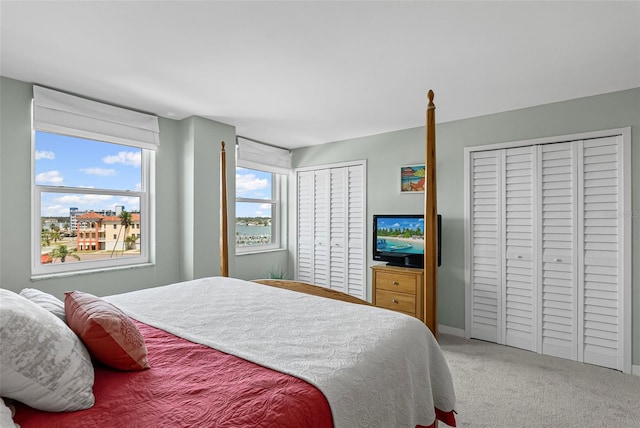 bedroom with two closets and carpet flooring