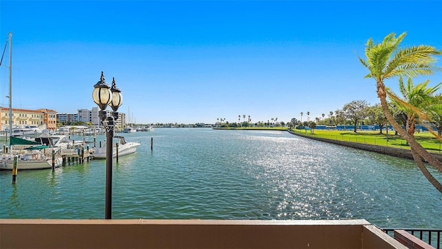 water view featuring a dock