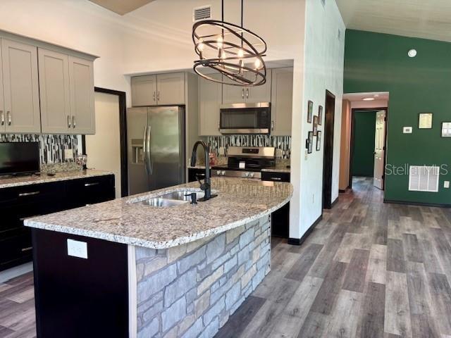 6906 W Barbara Ann Ln, Homosassa, FL 34446 - kitchen featuring appliances with stainless steel finishes, a sink, gray cabinetry, light stone countertops, and wood finished floors