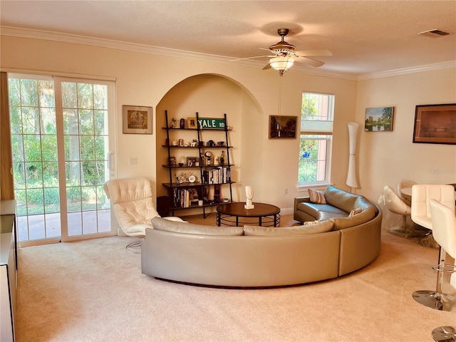 184 Banyan Bay Dr, Saint Petersburg, FL 33705 - carpeted living room with ornamental molding and a ceiling fan