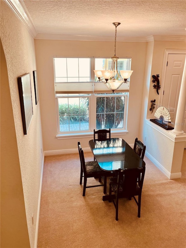 184 Banyan Bay Dr, Saint Petersburg, FL 33705 - dining room with a textured ceiling, ornamental molding, a chandelier, light carpet, and a textured wall
