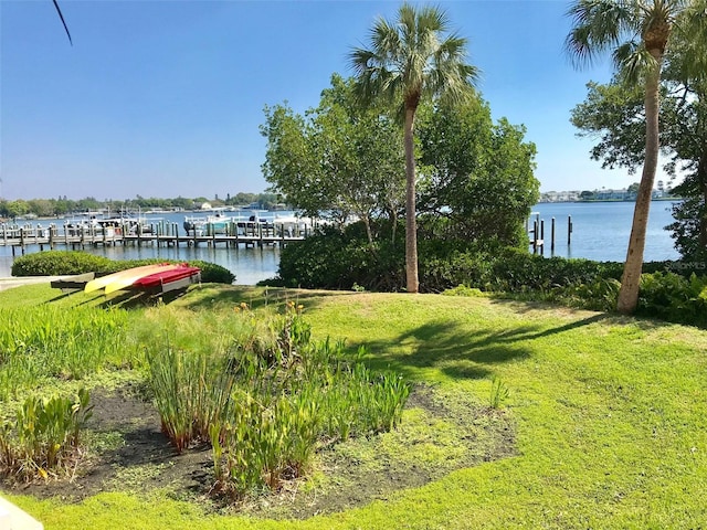184 Banyan Bay Dr, Saint Petersburg, FL 33705 - dock featuring a water view and a lawn