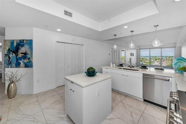 kitchen with a sink, dishwasher, light marble finish flooring, recessed lighting, and a kitchen island