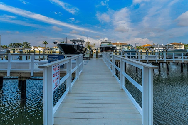 dock featuring boat lift, a water view, and a residential view