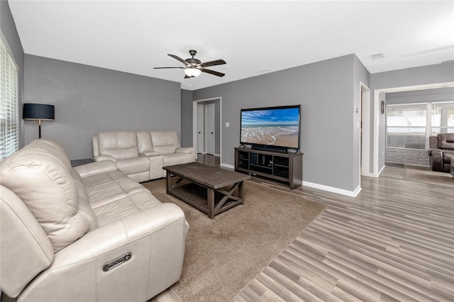 119 N Hillcrest Ave, Clearwater, FL 33755 - living room featuring light wood-style floors, a ceiling fan, and baseboards