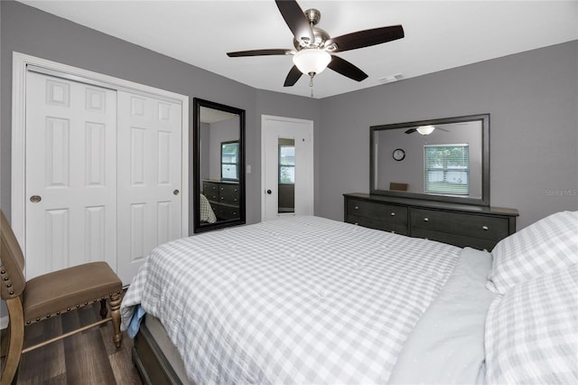 119 N Hillcrest Ave, Clearwater, FL 33755 - bedroom with wood finished floors, a closet, and a ceiling fan
