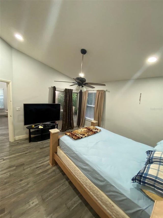 2390 Bentley Dr, Palm Harbor, FL 34684 - bedroom with wood finished floors, baseboards, lofted ceiling, ceiling fan, and recessed lighting