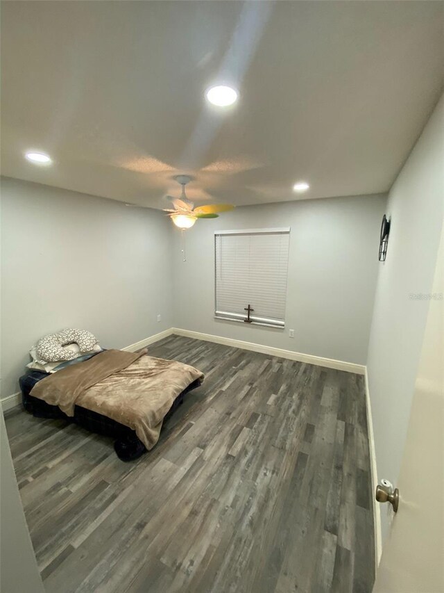 2390 Bentley Dr, Palm Harbor, FL 34684 - bedroom featuring recessed lighting, baseboards, dark wood-type flooring, and ceiling fan