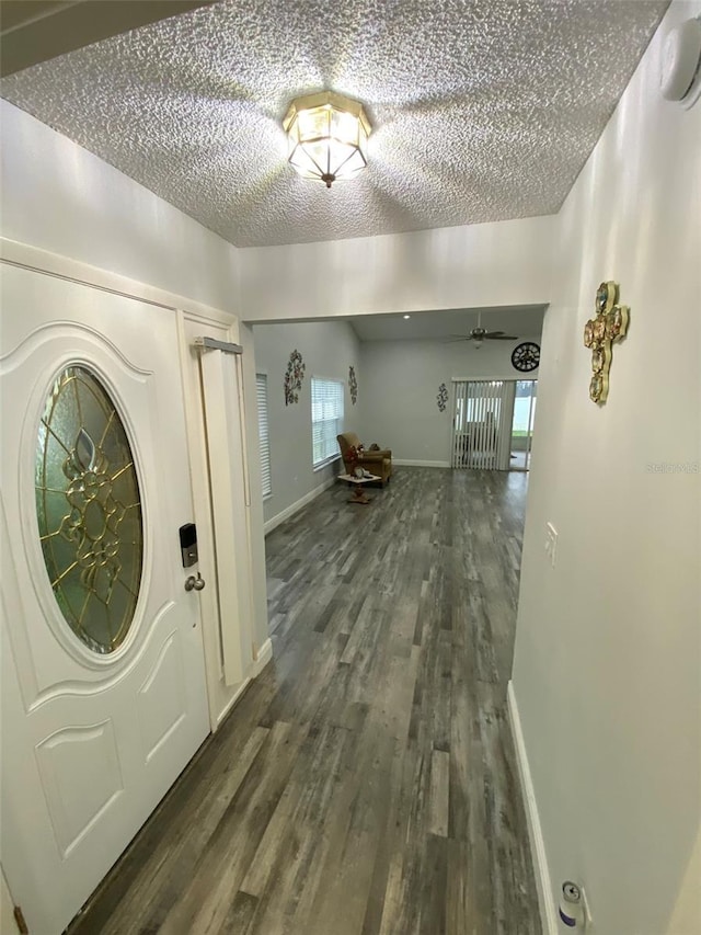 2390 Bentley Dr, Palm Harbor, FL 34684 - foyer entrance featuring ceiling fan, wood finished floors, a textured ceiling, and baseboards
