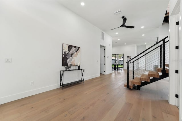 3817 W San Nicholas St, Tampa, FL 33629 - entryway featuring a ceiling fan, stairs, light wood-type flooring, recessed lighting, and baseboards