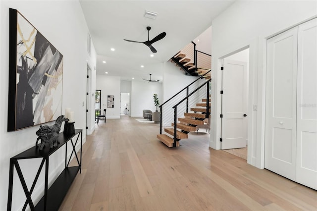 3817 W San Nicholas St, Tampa, FL 33629 - foyer with a ceiling fan, stairway, light wood-style flooring, and recessed lighting