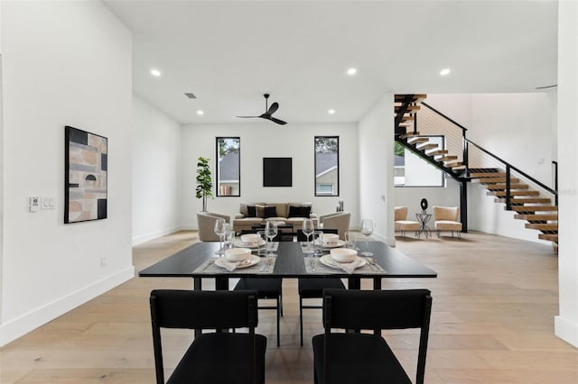 3817 W San Nicholas St, Tampa, FL 33629 - dining area featuring stairs, light wood finished floors, recessed lighting, baseboards, and ceiling fan